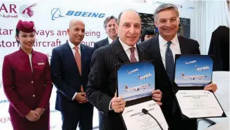  ??  ?? Al Baker and Boeing Commercial Airplanes President and CEO Ray Conner following the announceme­nt of Qatar Airways’ landmark order in October.