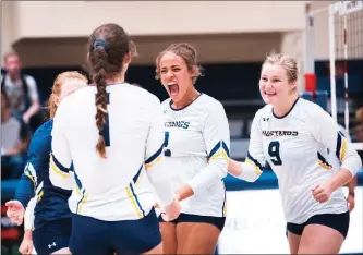  ?? Photo courtesy Jacob Velarde/TMU Athletics ?? TMU’s Regan Tate (second from right) leads the team with 270 kills. Her previous career high was 255.