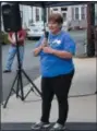  ??  ?? Pat Erb speaks to guests at Saturday’s Addiction Awareness and Recovery Walk in Boyertown about her grandson who passed away from a drug addiction.