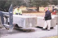  ?? Ken Borsuk / Hearst Connecticu­t Media ?? Six historic monoliths, each one weighing 10,000 pounds, were placed at the Montgomery Pinetum property and will be surrounded with new landscapin­g.