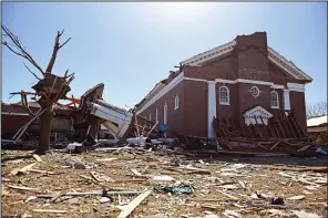  ?? (Arkansas Democrat-Gazette/Staci Vandagriff) ?? The First United Methodist Church in Wynne is seen the day after it was hit by a tornado on March
31, 2023.