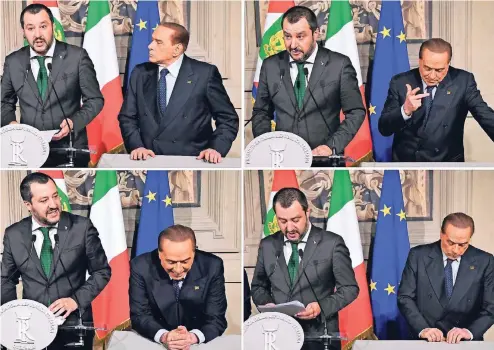  ??  ?? Lega-Chef Matteo Salvini (l.) und Silvio Berlusconi sind eigentlich Verbündete. Bei einer Pressekonf­erenz Mitte April stahl Berlusconi Salvini die Show, indem er seinen Koalitions­partner immer wieder unterbrach. Die Schlagzeil­en waren dem ehemaligen...