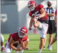  ?? (Photo courtesy of the University of Arkansas) ?? Kicker A.J. Reed, who transferre­d to Arkansas from Duke during the offseason, said he came to the Razorbacks in order to play for first-year UA special-teams coordinato­r Scott Fountain. “He’s 100% dedicated to special teams, which is special,” Reed said. “That’s not the norm in college football.”