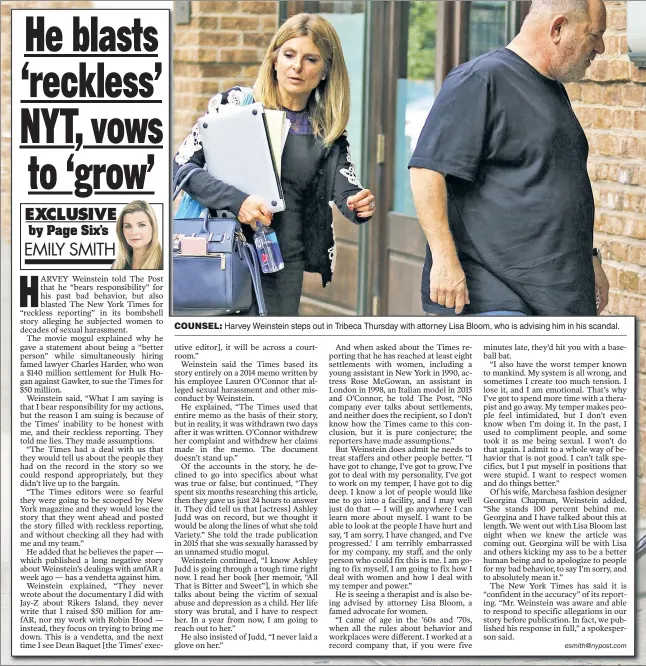  ??  ?? COUNSEL: Harvey Weinstein steps out in Tribeca Thursday with attorney Lisa Bloom, who is advising him in his scandal.