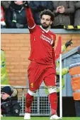  ?? Foto: dpa ?? Vierfacher Torschütze beim 5:0 Sieg des FC Liverpool gegen Watford: Der Ägyp ter Mohamed Salah.