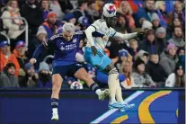  ?? CAROLYN KASTER — THE ASSOCIATED PRESS ?? FC Cincinnati midfielder Álvaro Barreal, left, and Union defender Olivier Mbaizo jump for a ball in the second of an Eastern Conference semifinal Saturday.