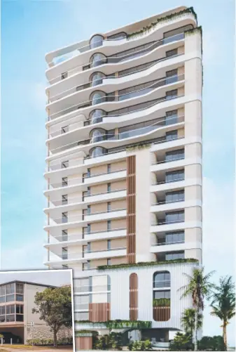  ?? Inset picture: Jerad Williams. ?? An artist’s impression of the $100m, 17-storey tower destined to replace the Four Corners unit block at 3519 Main Beach Pde.