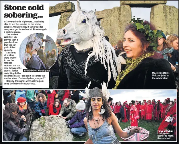  ??  ?? HANDS-ON: Worshipper MANE CHANCE: Unicorn joins in the celebratio­n FULL CIRCLE: Lucky ones gather to mark the solstice
