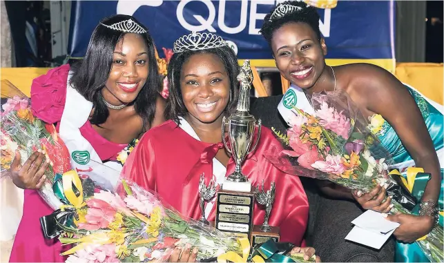  ?? CONTRIBUTE­D PHOTOS ?? National Farm Queen 2017, Truddian Ashmead, flanked by runners-up Shannan Dawkins (left) and Shanique Shand.