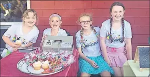  ??  ?? Wren Matheson, Emma MacKinnon, Abbie MacKinnon and Eilish Matheson, some of the youngest vendors at the inaugural Festiville Baddeck, sold out of cupcakes and candy cones midway through the event.