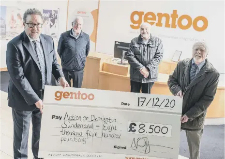  ??  ?? Gentoo’s Nigel Wilson (left) with Action on Dementia Sunderland chairman Ernie Thompson (right) and his colleagues Maurice Errington and George Malt.