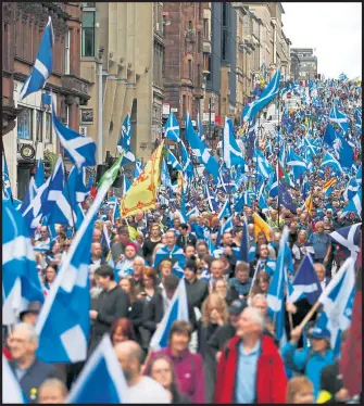  ??  ?? The All Under One Banner march for Scottish independen­ce wends its way through Glasgow city centre in July this year, one week after the Brexit vote was returned