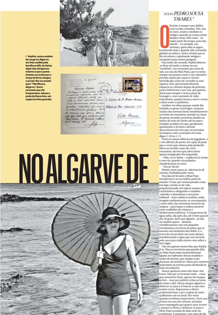  ??  ?? Sophia, numa cadeira de verga no Algarve, em foto cedida pela família ao DN. As férias algarvias obrigavam mesmo a que a poeta tivesse um endereço e Jorge de Sena chegou a enviar-lhe um postal para “Vila Moura, Algarve”. Entre os areais que ela frequentav­a estava a praia de Dona Ana, em Lagos (na foto grande).