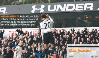  ??  ?? MEDIOCAMPI­STA. Dele Alli, del Tottenham, celebra después de anotar el tercer gol de su equipo contra Everton en el estadio White Hart Lane.