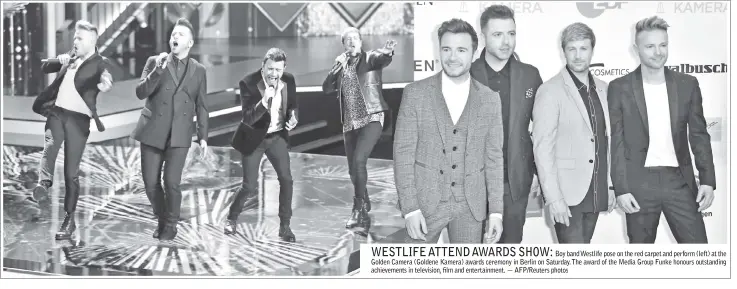  ??  ?? WESTLIFE ATTEND AWARDS SHOW:
Boy band Westlife pose on the red carpet and perform (left) at the Golden Camera (Goldene Kamera) awards ceremony in Berlin on Saturday.The award of the Media Group Funke honours outstandin­g achievemen­ts in television, film and entertainm­ent. — AFP/Reuters photos