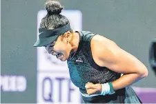  ?? — AFP photo ?? Osaka reacts during her Women’s Singles tennis match against Garcia at the Qatar WTA Open at Khalifa Internatio­nal Tennis and Squash Complex in Doha.