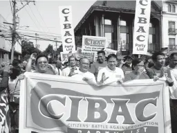  ??  ?? ANTI-CORRUPTION AGENDA — Citizens’ Battle Against Corruption (CIBAC) Representa­tive Sherwin Tugna (right) and the party-list group’s first nominee, Bro. Eddie Villanueva (third from right), are in a festive mood with their supporters during their filing of candidacy at the Commission on Elections, Intramuros, Manila, recently.