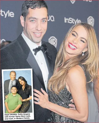  ??  ?? HIGH DRAMA: Sofia Vergara with former flame Nick Loeb, and inset, in Modern Family