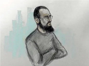  ?? AP ?? An undated court artist sketch shows Husnain Rashid during his trial. He urged his followers to target Prince George.