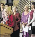  ?? RODOLFO GONZALEZ / AMERICAN-STATESMAN ?? City Council Member Sheri Gallo, flanked by other council members, speaks May 13 in reaction to a training session that focused on how to work with the female-majority council.