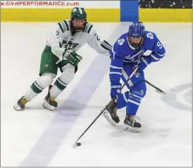  ?? TIMOTHY ARRICK — FOR MEDIANEWS GROUP ?? Detroit Catholic Central’s Colin Dell carries the puck across the blue line as Grand Rapids Forest Hills Central’s Eli Lipke trails in the Shamrocks’ 5-0victory in the MHSAA Division 1 semifinal on Friday at USA Hockey Arena.