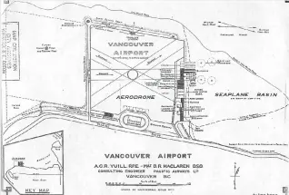  ?? PNG FILES ?? Plans for an airport at Spanish Banks in Vancouver, 1930. An airship field is on the west, a seaplane basin is to the east, and a 20,000- seat stadium is along Marine Drive to the south.