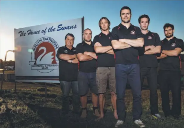  ?? Photo: HAMISH BLAIR ?? THE PANEL: South Barwon’s Richard Holz, reserves coach James Maas, assistant Adam Wiseman, Matthew Scarlett, and senior coaches James Garvey and Casey Tutungi.