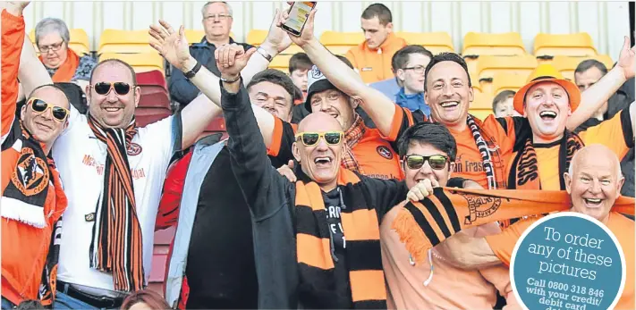  ??  ?? This bunch of United fans just can’t stop smiling as they watched their heroes lift the Irn-Bru Challenge Cup at Fir Park.