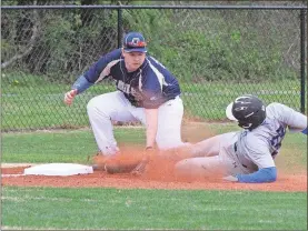  ??  ?? Oakwood third baseman Phillip Davis puts the tag on a Knoxville Christian runner during a stolen base attempt. However, the visiting Royal Knights would sweep the doublehead­er in Chickamaug­a. (Photo by Scott Herpst)