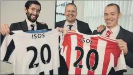  ??  ?? GET SHIRTY: Sam McLoughlin of Newcastle United Foundation, Matt Hill of Foundation of Light and Richie Mitchell from Isos.