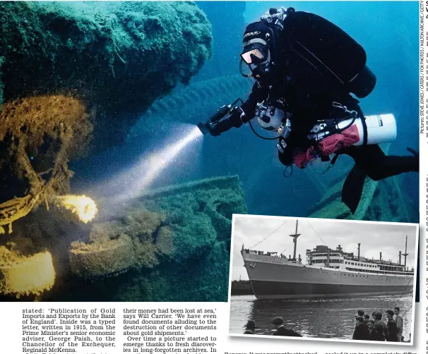  ??  ?? Sunken gold: A diver explores a World War II wreck off Ireland, and below, the City Of Benares