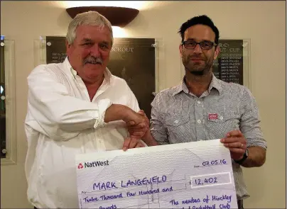  ??  ?? Robin Wilson of Hinckley and Burbage Lions Club (L) hands over the cheque to Mark Langeveld