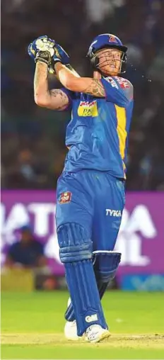  ?? PTI ?? Rajasthan Royals’ Ben Stokes, who plays a shot against Mumbai Indians in Jaipur on Sunday, will be much richer with experience when he turns up for England.