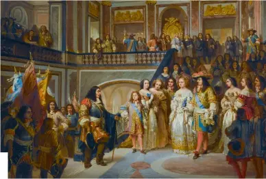  ?? ?? Louis XIV reçoit le Grand Condé dans le grand escalier de Versailles après sa victoire de Seneffe en 1674, de Charles Doerr (1825-1894). Le chef militaire, vieillissa­nt, accueilli par le roi, la reine et le dauphin âgé de 13 ans, est représenté en armure, mais muni d’une canne.