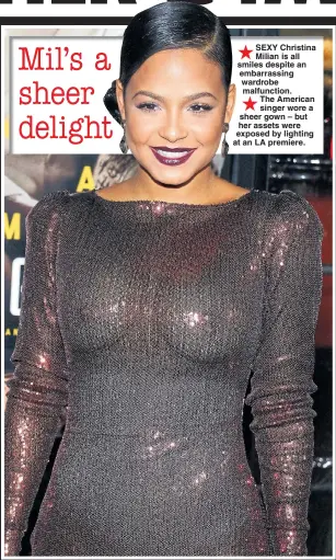  ??  ?? SEXY Christina Milian is all smiles despite an embarrassi­ng wardrobe malfunctio­n. The American singer wore a sheer gown – but her assets were exposed by lighting at an LA premiere.