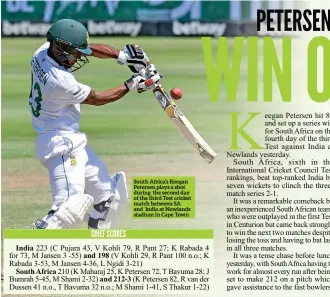  ?? ?? South Africa’s Keegan Petersen plays a shot during the second day of the third Test cricket match between SA and India at Newlands stadium in Cape Town