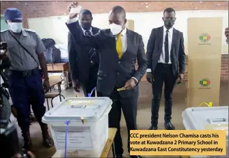  ?? ?? CCC president Nelson Chamisa casts his vote at Kuwadzana 2 Primary School in Kuwadzana East Constitute­ncy yesterday