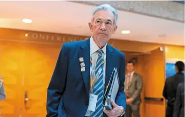  ?? ap ?? Knock-on effect: powell arrives for an internatio­nal Monetary and Financial Committee meeting at the IMF headquarte­rs in Washington. The Fed chairman’s signal that the us central bank is in no hurry to ease policy briefly pushed the two-year rate above 5%. —
