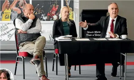  ??  ?? ABOVE: From left, Stadium Southland management board members Alan Dennis and Angee Shand and ILT Stadium Southland general manager Nigel Skelt speak to stadium tenants at a meeting about coronaviru­s restrictio­ns.
INSET: Kylie Fowler says the outlook is bleak for this year’s Bluff Oyster and Food Festival.