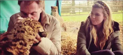  ?? ?? FAST FASHION: Carrie Symonds, in a cheetah-print hairband, with boss Damian Aspinall and big cats Saba and Nairo