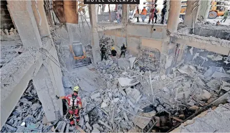  ?? | EPA ?? MEMBERS of the Cuban Red Cross and Search and Rescue Brigades continue their search efforts at the Hotel Saratoga, in Havana, Cuba, yesterday. The number of deaths after the explosion last Friday at Saratoga hotel in Havana increased to 43, the Cuban Ministry of Public Health said.