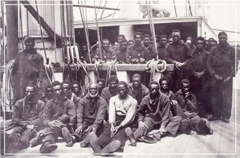  ??  ?? A group of African-Americans aboard the USS Vermont, 1860s. The US navy employed thousandso­f freed slaves during the AmericanCi­vil War