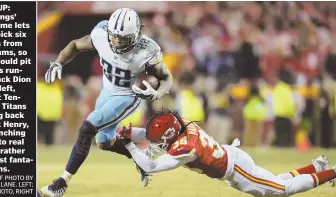  ?? STAFF PHOTO BY NANCY LANE, LEFT; AP PHOTO, RIGHT ?? TEAM UP: DraftKings’ new game lets users pick six players from two teams, so users could pit Patriots running back Dion Lewis, left, against Tennessee Titans running back Derrick Henry, right, inching closer to real games rather than just fantasy teams.