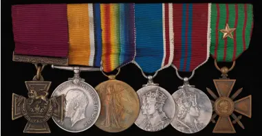  ?? (Lord Ashcroft Collection) ?? ■ The Victoria Cross medal group belonging to William Boynton Butler. From left to right: Victoria Cross, War Medal, Victory Medal, King George VI Coronation Medal, Queen Elizabeth II Coronation Medal, French Croix de Guerre.