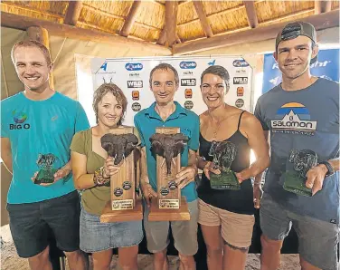  ?? Picture: XAVIER VRIEL ?? SHOWING TROPHIES: Top finishers in the 100-mile Addo Elephant Trail Run were, from left, Eduan Adams, Rene Vollgraaff, Antoine Guillon, Sandra le Roux and Brad Hyman