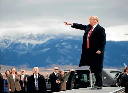  ?? AP ?? President Donald Trump arrives for a campaign rally at Bozeman Yellowston­e Internatio­nal Airport, in Belgrade, Montana.