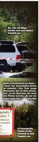  ??  ?? Die „PZL-104 Wilga“brannte nach dem Absturz komplett aus. 55 Einsatzkrä­fte rückten am Wochenende zu dem Flugplatz aus.