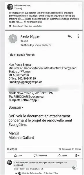  ?? SUBMITTED IMAGE ?? A Facebook screenshot shows Transporta­tion Minister Paula Biggar’s response to an inquiry she received by email in French. Opposition parties says Biggar needs to apologize and resign.