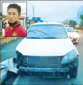  ?? ?? A handout photo from the Manila Police District shows the damage to a sport utility vehicle driven by Clint Xerwynn Errol Fullero Kho (inset) following his arrest for reckless driving in Manila on Thursday.