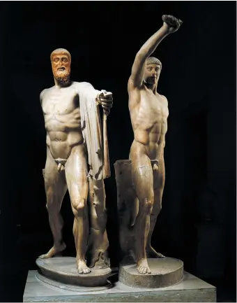  ??  ?? Aristogito­n and Harmodius, Roman copies in marble after Greek bronze statues, circa fifth century